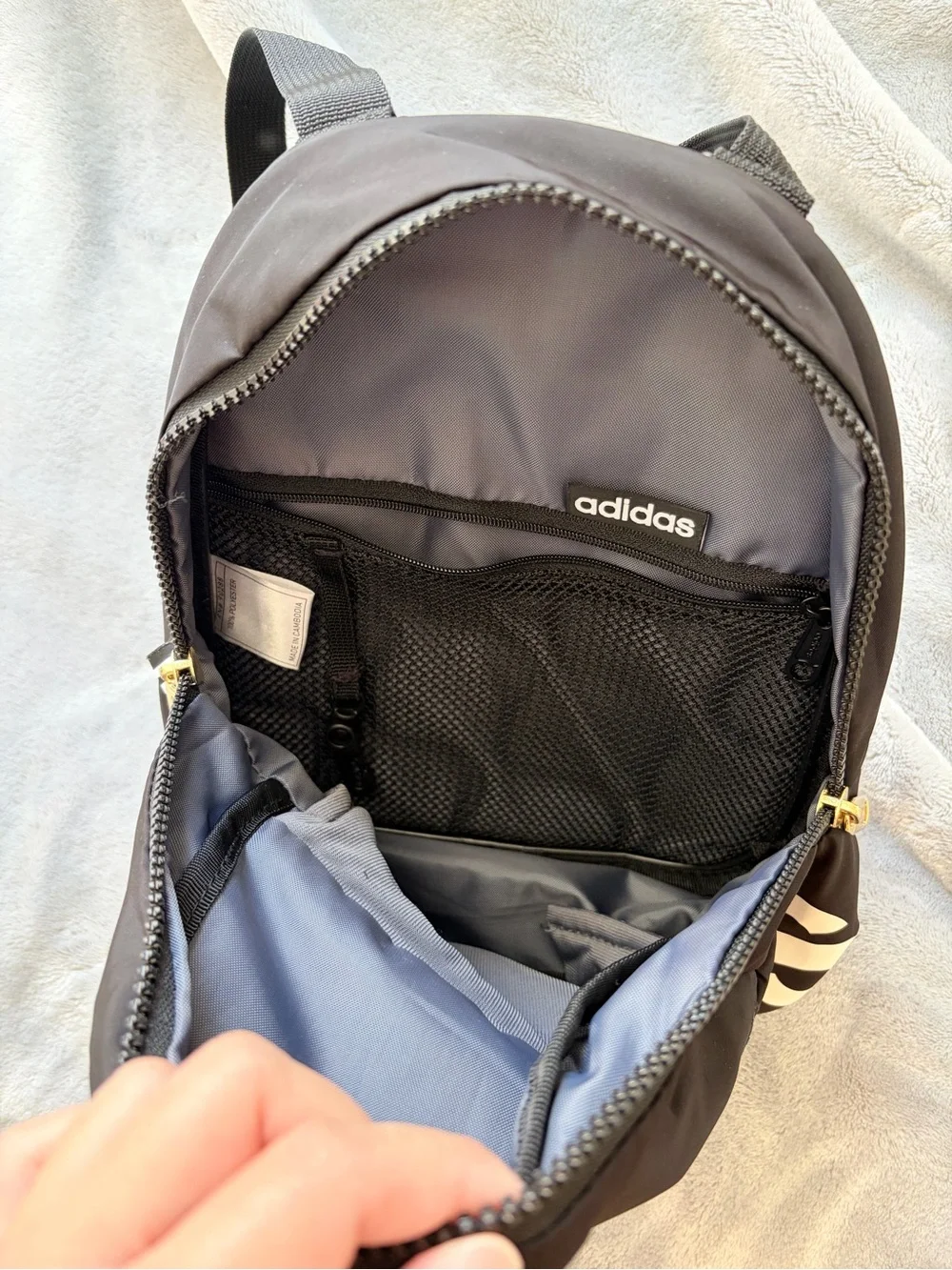 adidas Black Mini Backpack with White Logo and Gold Accent